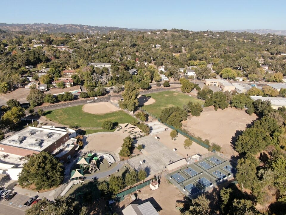 An aerial view of a park and playground located in Paso Robles on the central coast.