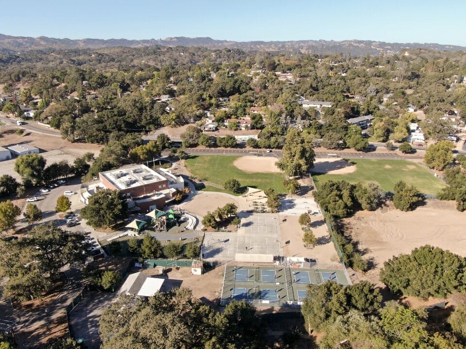 An aerial view of a school and tennis courts located in the Morro Bay area on the Central Coast.